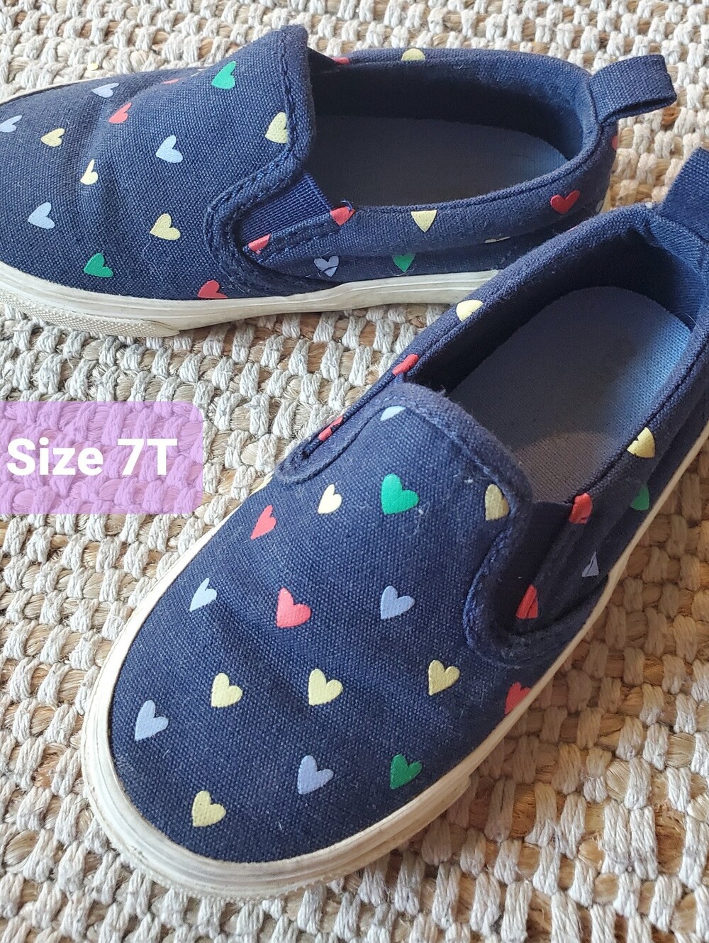 Kids Navy Slip-On Shoes with Multicolor Heart Print 7T